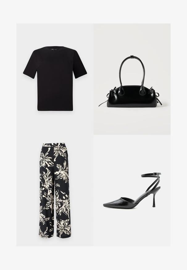 T-shirt noir à manches courtes avec un col rond, fabriqué en coton doux. Design simple, sans logos ni motifs visibles.; Pantalons larges en tissu noir ornés d'un grand motif floral crème. Le design comprend une taille haute et une silhouette fluide.; Escarpin noir à bout pointu avec fines brides de cheville et fermeture à boucle argentée sur fond clair uni.; Petit sac à main noir brillant avec deux longues anses et des détails à cordon sur les côtés sur un fond clair uni.