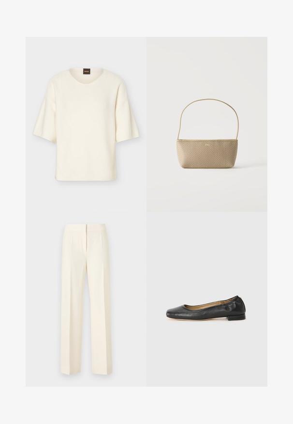 Pull à manches courtes couleur crème avec un col rond et une coupe ample, doté d'une petite étiquette noire avec le texte "BOSS" en orange au niveau du col.; Pantalon droit sur mesure couleur blanc cassé avec pli avant, ceinture et fermeture avant dissimulée sur un fond uni.; Ballerines en cuir noir avec un bout arrondi et des coutures minimales. Talon bas et rectangulaire avec une texture lisse. Détails subtils de doublure intérieure.; Sac à main tissé beige avec fine bandoulière et petit logo doré "BOSS" à l'avant, présenté sur fond blanc uni.