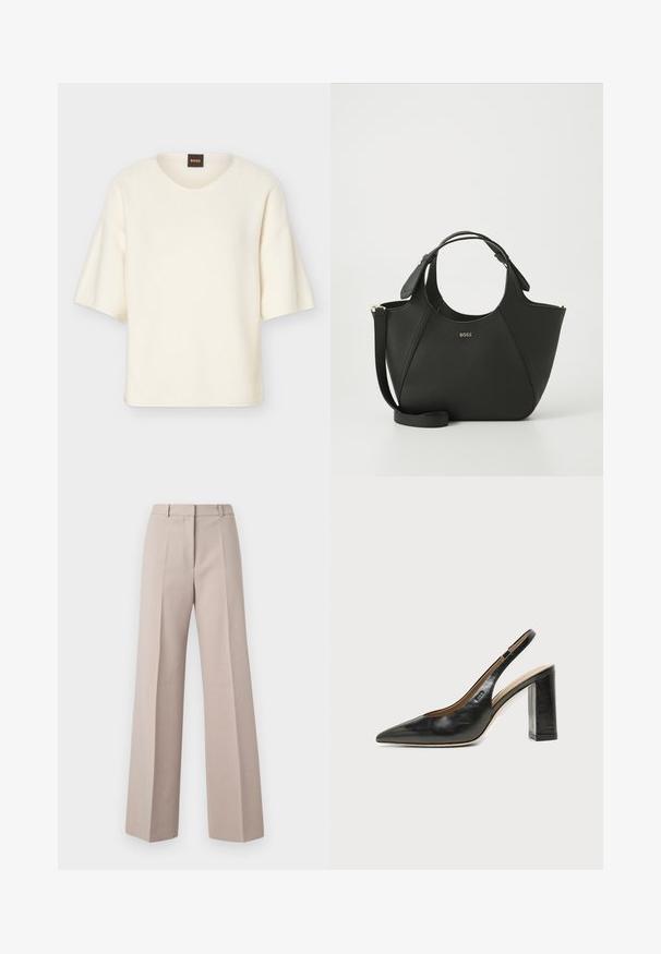 Pull à manches courtes couleur crème avec un col rond et une coupe ample, doté d'une petite étiquette noire avec le texte "BOSS" en orange au niveau du col.; Pantalons beige à jambes larges en tissu lisse, avec une taille haute, des plis avant et une silhouette ajustée.; Chaussure slingback en cuir noir à bout pointu avec un talon bloc haut et une doublure intérieure beige sur un fond clair uni.; Sac à main en cuir noir avec une surface texturée, un design courbé, des poignées doubles et une bandoulière amovible. Présente un logo de marque à l'avant.