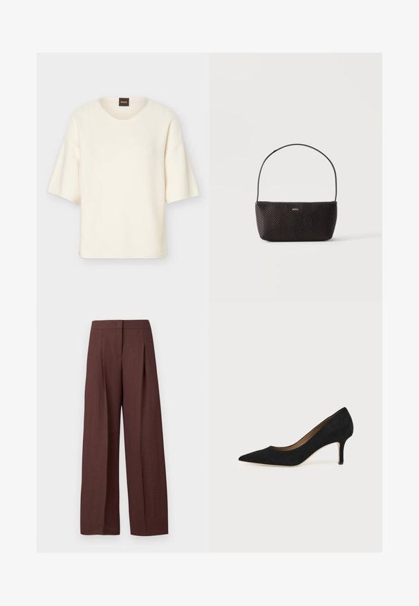 Pull à manches courtes couleur crème avec un col rond et une coupe ample, doté d'une petite étiquette noire avec le texte "BOSS" en orange au niveau du col.; Pantalon marron à jambes larges et taille haute avec plis devant et fermeture avant dissimulée, présenté sur fond blanc uni.; Escarpin en daim noir à bout pointu avec un talon stiletto fin de hauteur moyenne et un design à coupe basse sur un fond uni.; Sac à main noir tissé texturé avec une seule bandoulière et un petit logo doré "BOSS" au centre devant.