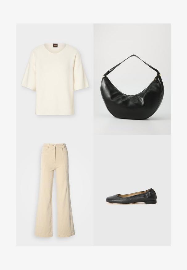 Pull à manches courtes couleur crème avec un col rond et une coupe ample, doté d'une petite étiquette noire avec le texte "BOSS" en orange au niveau du col.; Jeans beige à jambes larges avec taille haute, poches avant, et couture contrastée, dotés d'une fermeture à bouton et d'une texture en coton lisse.; Ballerines en cuir noir avec un bout arrondi et des coutures minimales. Talon bas et rectangulaire avec une texture lisse. Détails subtils de doublure intérieure.; Sac à épaule en cuir noir, de forme courbée, avec une texture douce et une seule sangle; il comporte une fermeture éclair dorée et un logo discret.