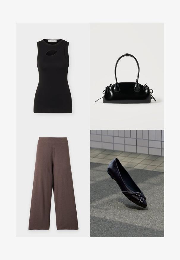 Haut noir sans manches près du corps avec col rond et petite découpe ovale au niveau de la partie supérieure de la poitrine, présenté sur fond blanc uni.; Pantalon large taille haute en tissu marron texturé avec une ceinture élastique, présenté sur un fond blanc uni.; Ballerine plate noire à bout pointu avec deux petites boucles argentées flottant au-dessus de l'asphalte près d'un mur carrelé en arrière-plan.; Petit sac à main noir brillant avec deux longues anses et des détails à cordon sur les côtés sur un fond clair uni.