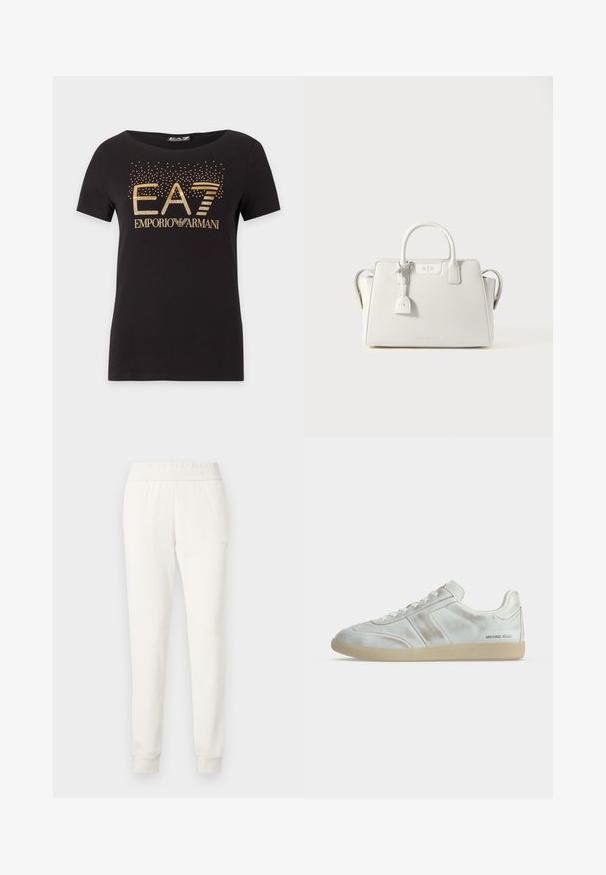Svart T-skjorte med korte ermer med gullfarget EA7 Emporio Armani-logo og spredte små gullfargede prikker over teksten foran.; Kremfargede joggebukser laget av mykt stoff, med en tettsittende midtsnor og mansjetter. Enkel design uten synlige mønstre eller dekorasjoner.; Hvite lave sneakers med beige såle, snøring foran, subtile rynkedetaljer og "MICHAEL KORS"-logo nær hælen på yttersiden.; Hvit lærveske med strukturert form, doble håndtak, metalldetaljer og logopreging. Minimalistisk design med matchende merkelapp.