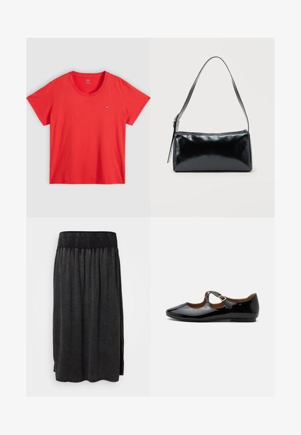 T-shirt en coton rouge avec un col rond, des manches courtes et une petite étiquette logo Levi's sur la poitrine gauche. Texture lisse, coupe décontractée.; Jupe midi noire avec une taille smockée, en tissu doux, et un design fluide. Aucune poche ni ornement visible.; Chaussure plate Mary Jane en cuir verni noir avec deux découpes et une bride à boucle dorée sur fond blanc.; Sac d'épaule rectangulaire noir avec une sangle réglable unique et une fermeture éclair supérieure sur un fond uni.