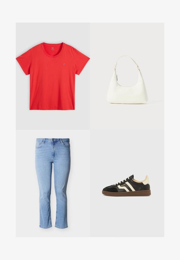 T-shirt en coton rouge avec un col rond, des manches courtes et une petite étiquette logo Levi's sur la poitrine gauche. Texture lisse, coupe décontractée.; Jean en denim bleu clair avec une coupe droite, un design à cinq poches et une fermeture par bouton à la taille. Texture usée sur le tissu.; Baskets noires avec des bandes crème, tige en cuir texturé et semelle en caoutchouc marron. Présentent un design à lacets et une silhouette profilée basse.; Petit sac blanc à épaule avec une seule bandoulière ajustable et une fermeture éclair, sur un fond blanc uni.