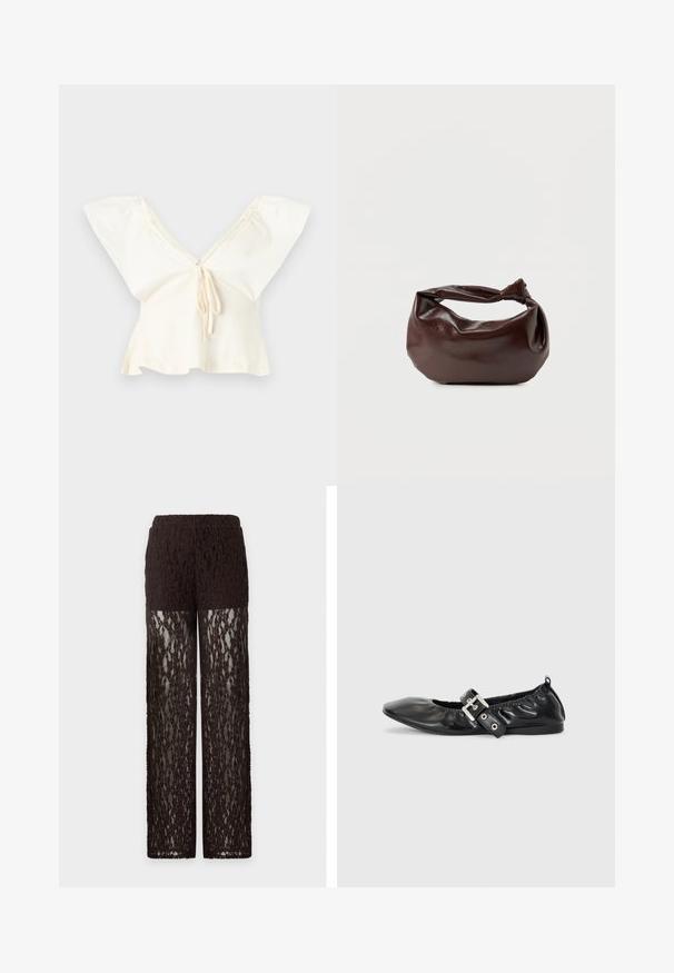Blouse courte couleur blanc cassé avec larges manches évasées, encolure en V profonde et détail de lien à l'avant.; Pantalon en dentelle marron avec partie haute de la cuisse opaque et jambes en dentelle transparente, coupe droite et taille élastique.; Chaussure plate en cuir noir avec un nez pointu, des détails froncés autour de l'ouverture et un accent en boucle argentée sur la bride ajustable.; Sac bandoulière en cuir marron foncé avec une forme souple et décontractée et une anse nouée torsadée sur un fond blanc uni.
