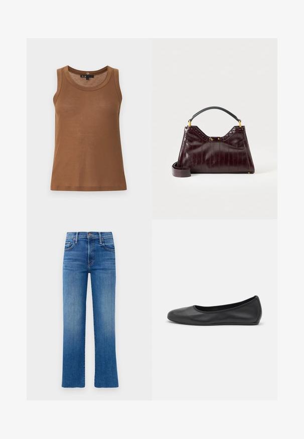 Débardeur marron côtelé sans manches avec encolure ronde et ourlet droit, présenté sur un fond gris clair uni.; Jean en denim bleu avec une coupe droite, une taille haute et un léger dégradé. Présente un style classique à cinq poches et des accents en métal doré.; Ballerines en cuir noir avec un bout rond, texture lisse, détails de couture minimalistes et design de semelle flexible.; Sac à main en cuir bordeaux foncé avec motif texturé, poignée supérieure noire, accessoires dorés et bandoulière amovible sur fond blanc.