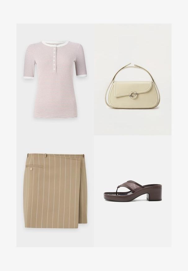 Gestreept kortmouwshirt met ronde hals, voorzien van knopen aan de voorkant en een zachte textuur in wit en bordeauxrood.; Beige rok met verticale witte strepen, gemaakt van een gestructureerde stof. Beschikt over een voorflap en een achterzak met een knoopdetail.; Bruine sandaal met hak, voorzien van een mesh bandje en teenslipperontwerp, met blokhak en gestikte zool, zijaanzicht op witte achtergrond.; Crème leren handtas met gebogen klep, ronde zilveren sluiting en korte bovenste handgreep op een effen witte achtergrond.