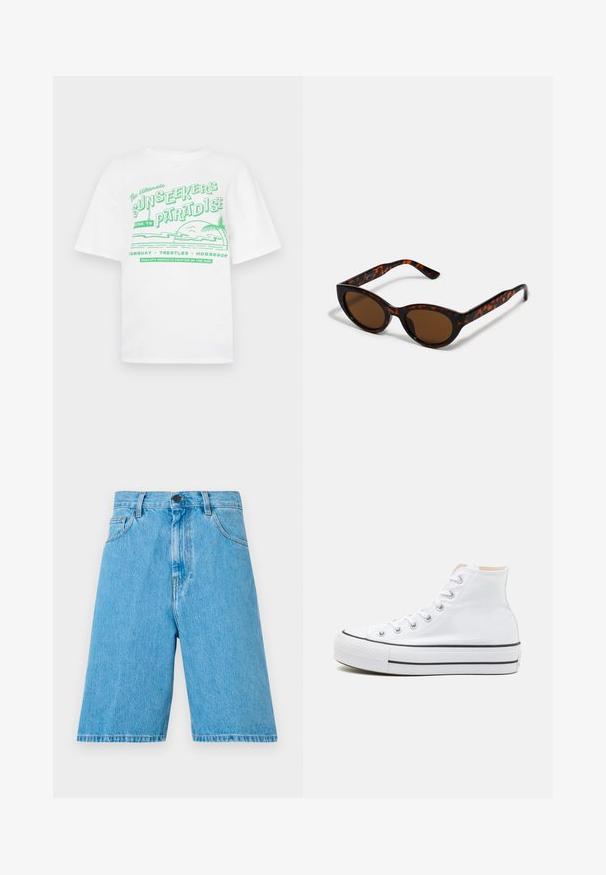 T-shirt blanc en coton à manches courtes, avec un texte graphique vert et des images d'île, comprenant des palmiers et un motif de coucher de soleil.; Shorts en denim bleu clair avec une coupe décontractée, dotés de passants de ceinture, d'une fermeture à bouton et de poches avant. Le tissu a une texture lisse.; Baskets montantes blanches en toile, semelle en caoutchouc noir et bande noire contrastante sur la semelle intermédiaire. Bout rond et design à lacets.; Lunettes de soleil en écaille de tortue marron avec une forme vintage de lunettes cat-eye et des verres marron. Présente des branches courbées avec des accents rouges.