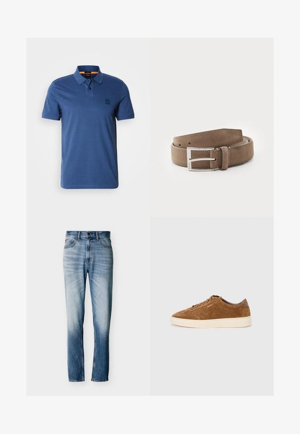 Tumesinine polo särg, mis on valmistatud puuvillast, klassikalise kraega, kolme nupuga kinnitusega ja väikese logoga patchiga rinnal.; Sinised tuhmunud sirge säärega teksad, millel on viis taskut, nupu sulgumine ja vööaasad, laotatud valgele taustale.; Pruun seemisnahast vabaajajalats ümmarguse ninaga, kreemika kummist tallaga ja toon-toonis paeltega. Omaduseks on küljele löödud logo ja sile tagapaneel.; Helepruun sametivöö, millel on sile tekstuur ja hõbedane metallist pandla. Sisaldab viit auku ja õmmeldud servi vastupidavuse tagamiseks.