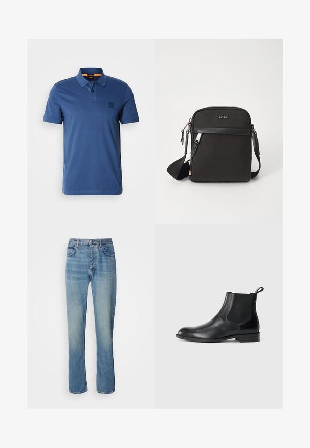 Tumesinine polo särg, mis on valmistatud puuvillast, klassikalise kraega, kolme nupuga kinnitusega ja väikese logoga patchiga rinnal.; Heledad sinine sirge säärega teksapüksid kõrge vöökohaga, ees nupuga, tõmbluku sulgemisega ja viie taskuga disain.; Must musta nahkjahi, millel on elastsed külgpaneelid, ümar varvas ja tõmbeaasa. Sile tekstuur, lame tald, minimalistlik disain.; Must mustra kott, millel on tekstuuriga kangas, logo ees, lukuga sulgemine ja reguleeritav rihm. Funktsiooniks on sile nahaäär.