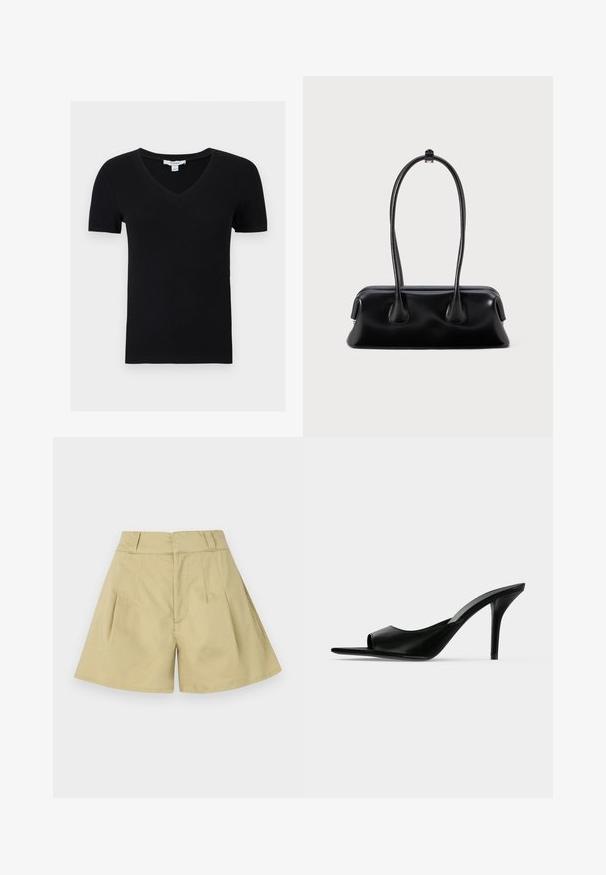 Haut court noir côtelé à manches courtes avec col en V, en tissu extensible, présenté à plat sur fond blanc.; Short beige taille haute avec passants pour ceinture, plis à l’avant et jambes légèrement évasées.; Mule à talon haut en cuir noir à bout ouvert avec un talon stiletto fin, vue de profil sur un fond uni.; Sac à main en cuir noir avec deux poignées allongées, une texture lisse et une base arrondie, ornée d'accents décoratifs sur les côtés.