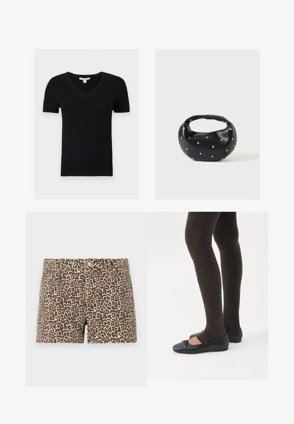 Haut court noir côtelé à manches courtes avec col en V, en tissu extensible, présenté à plat sur fond blanc.; Short en jean à imprimé léopard avec bouton devant, passants de ceinture et poches avant sur un fond gris clair.; Jambes portant des leggings côtelés foncés associés à des ballerines noires avec de petits détails en nœud sur fond blanc.; Sac à main en cuir noir de forme arrondie, décoré de clous argentés et équipé d'une poignée courte. Texture lisse et fermeture éclair.