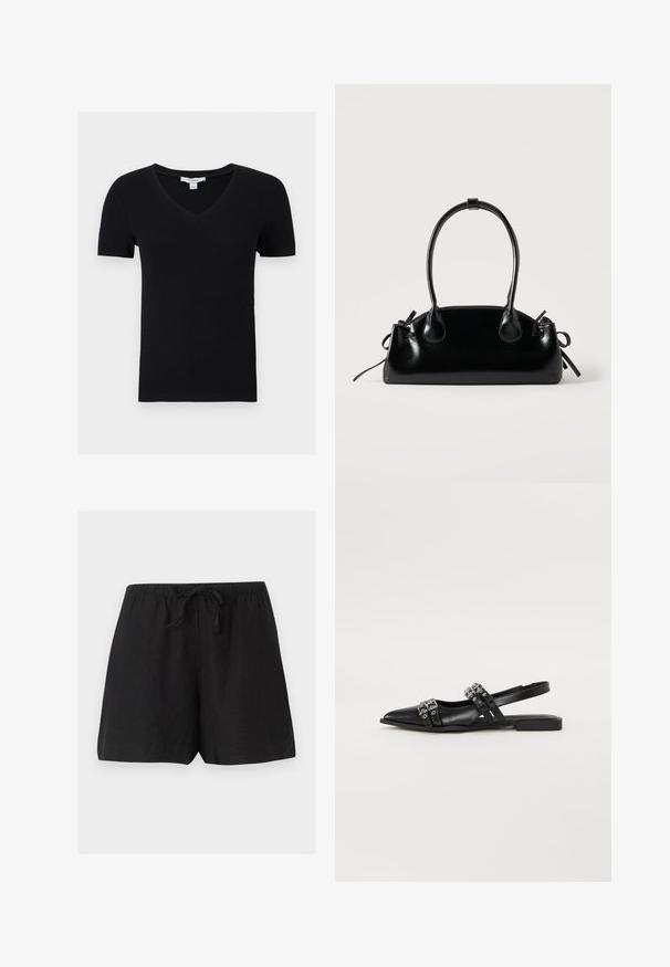 Haut court noir côtelé à manches courtes avec col en V, en tissu extensible, présenté à plat sur fond blanc.; Short noir décontracté avec taille élastique et cordon, en tissu léger, présenté sur un fond uni.; Even&Odd by Zalando Ballerines à brides arrière - black; Petit sac à main noir brillant avec deux longues anses et des détails à cordon sur les côtés sur un fond clair uni.