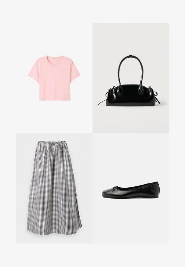 Rosa, kortærmet T-shirt lavet af blødt stof, med rund halsudskæring og en løs pasform med en subtil meleret struktur.; Lang A-linje nederdel med sort-hvidt gingham-mønster og elastisk taljebånd med snøre.; Sort skinnende læder balletflad med lav hæl og lille dekorativ sløjfe foran, vist fra siden på ensartet lyst baggrund.; Lille sort blank håndtaske med to lange håndtag og snøre-detaljer i siden på en ensfarvet lys baggrund.