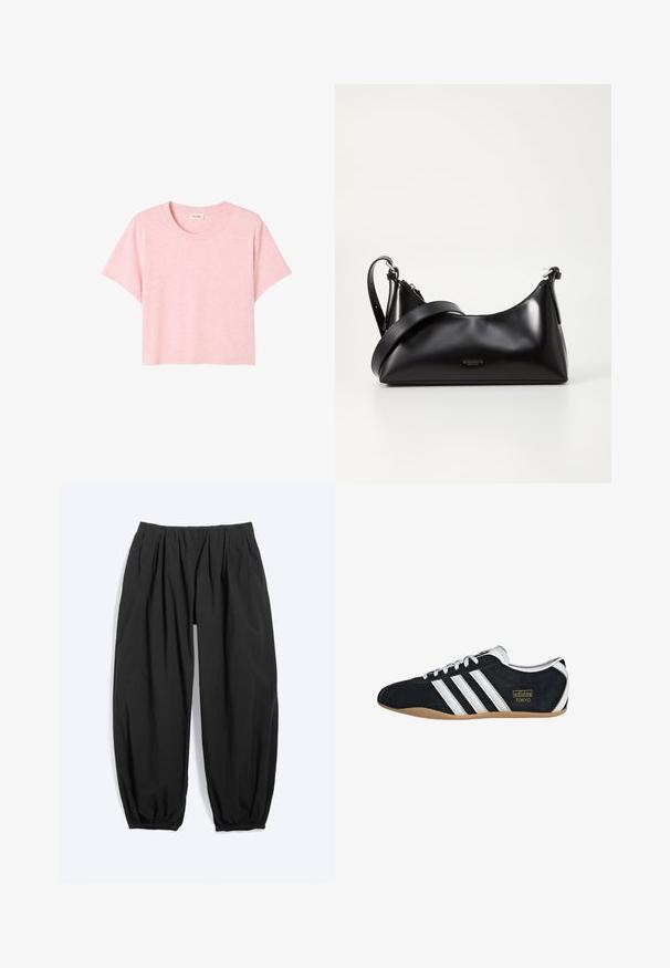 Camiseta rosa de manga corta hecha de una tela suave, con un escote redondo y un corte holgado con una ligera textura jaspeada.; Pantalones negros holgados con pierna estrecha, cintura elástica y puños en los tobillos, hechos de tela ligera.; Zapatillas de ante negro con tres franjas blancas, logotipo dorado y suela de goma marrón. Presentan un diseño de cordones de perfil bajo.; Bolso de mano de cuero negro con una textura suave. Cuenta con una correa ajustable y un diseño elegante y minimalista con cierre de cremallera.