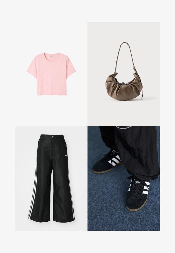 Camiseta rosa de manga corta hecha de una tela suave, con un escote redondo y un corte holgado con una ligera textura jaspeada.; Pantalones de denim anchos y negros con tres franjas blancas en cada lado y un pequeño logo blanco. Cuenta con bolsillos frontales y un cierre de botón.; Zapatillas deportivas de ante negro con tres rayas blancas y cordones negros. Un pantalón negro texturizado es parcialmente visible al lado de las zapatillas.; Bolso de cuero marrón con diseño fruncido, textura suave, una correa ajustable y un acento plateado. Forma compacta y redondeada.