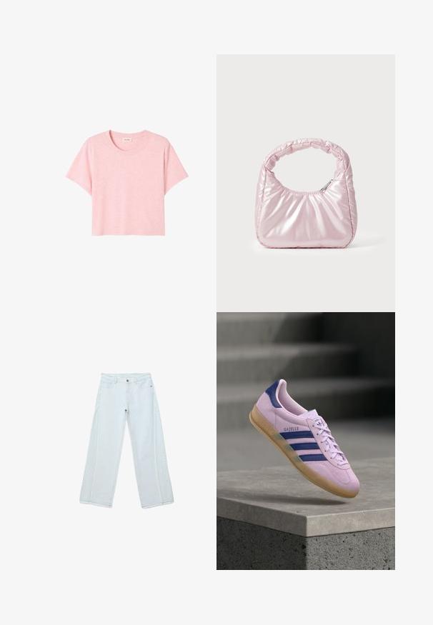 Rosa, kortærmet T-shirt lavet af blødt stof, med rund halsudskæring og en løs pasform med en subtil meleret struktur.; Lyseblå jeans med vidde ben og høj talje, lukning med knap og lynlås, forlommer og synlige sømdetaljer langs benene.; Lyse lilla Adidas Gazelle sneaker med marineblå striber og hælfane, gummisål, svævende over en stenhylde med slørede trapper i baggrunden.; Rosa, polstret håndtaske med afrundet design, lavet af skinnende materiale. Har et samlet håndtag og en lynlås til sikker adgang.