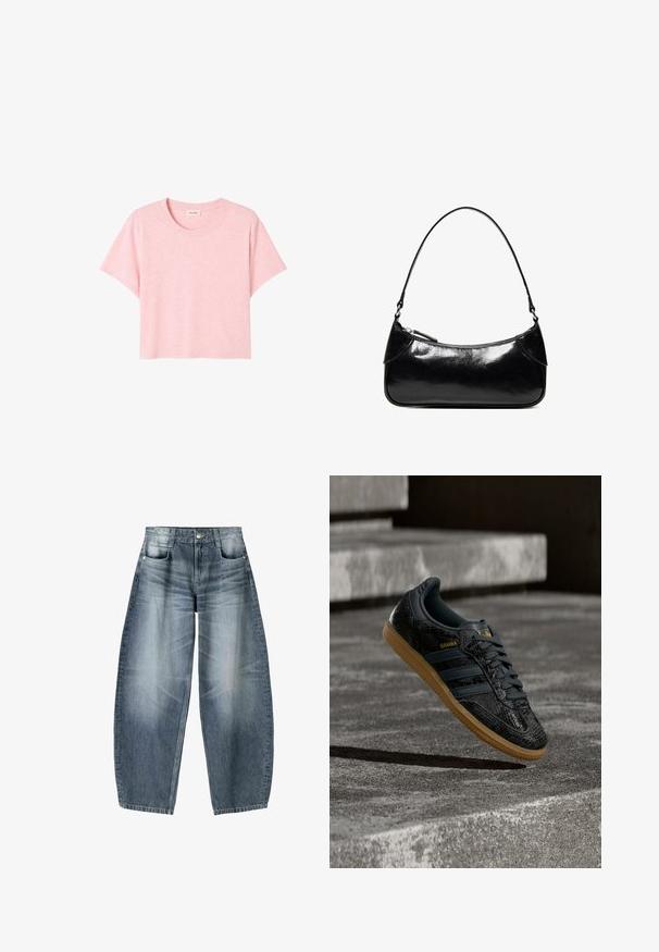 Rosa T-Shirt mit kurzen Ärmeln, aus weichem Stoff gefertigt, mit Rundhalsausschnitt und lockerer Passform sowie einer dezenten melierten Textur.; Weite Jeans aus hellblauem Denim mit Ausbleichungen, im fünf-Taschen-Design, mit Knopfverschluss und minimalen Nähtelementen.; Schwarzer Adidas Samba Sneaker mit strukturiertem Muster, Gummisohle und goldenem Logo, in der Luft über Betontreppen schwebend.; Schwarze, glänzende Lederschultertasche mit einem einzelnen Reißverschlussfach und einem dünnen, bogenförmig gebogenen Träger.