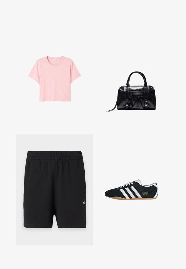 Roze T-shirt met korte mouwen van zacht materiaal, met een ronde halslijn en een losse fit met een subtiele gemêleerde textuur.; Zwarte sportbroekjes met elastische tailleband, klein wit Adidas trefoil-logo op het linkerbeen en witte strepen langs de zijkanten.; Zwarte suède sneaker met witte drie strepen, gouden logo en een bruine rubberen zool. Heeft een laag profiel vetersluiting ontwerp.; Zwarte glanzende leren handtas met twee handvatten, voorvak met rits, gespdetails en een polsbandje op een witte achtergrond.