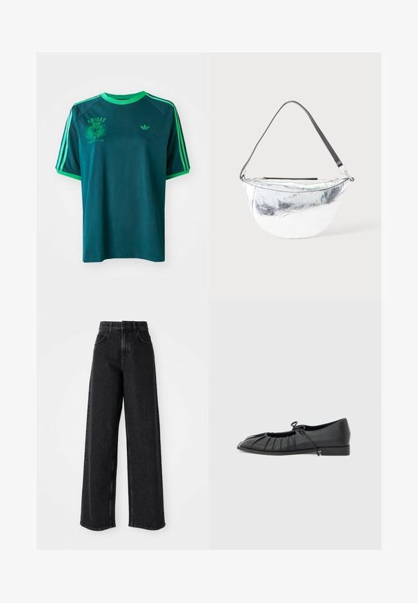 Türkiisi puuvillane t-särk roheliste aktsentidega, laeva kaelusega, raglansleeved, ja prinditud Adidas logo rinnal ja varrukal.; Mustad kõrge vöökoha ja laiad jalad teksad, mis on valmistatud denimist, klassikalise viie tasku disainiga ja peente õmbluse detailidega.; Must kinga kontsaga king, esiküljel volditud disain ja sõlmega vimk, madal konts ja sile tekstuur helehallil taustal.; Hõbedane poolkuu-kujuline käekott musta reguleeritava õlarihma ja luku sulgemisega heledal taustal.