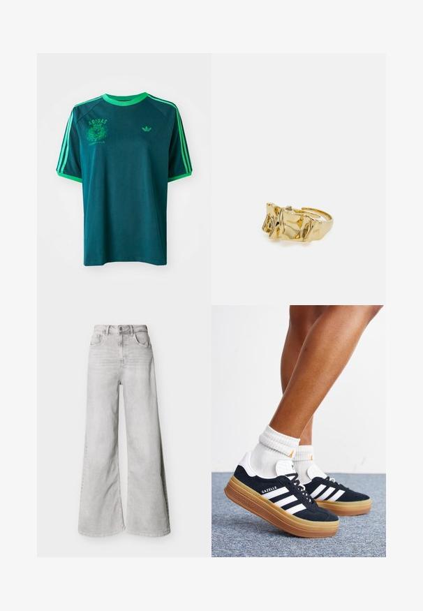 Türkiisi puuvillane t-särk roheliste aktsentidega, laeva kaelusega, raglansleeved, ja prinditud Adidas logo rinnal ja varrukal.; Helehallid laia lõikega teksapüksid, valmistatud teksariidest, millel on kõrge vöökoht, esimesed taskud ja nööbiga kinnitus. Sile tekstuur peene tuhmumisega.; Jalad valgete sokkide ja mustade Adidas Gazelle tossudega, millel on valged triibud ja paksud pruunid tallad, halli vaibaga põrandal.; Kuldne sõrmus tekstureeritud, lainelise disainiga, millel on kolm silmapaistvat tippu. Sile, läikiv pind ja avatud riba, mis võimaldab reguleeritavat sobivust.