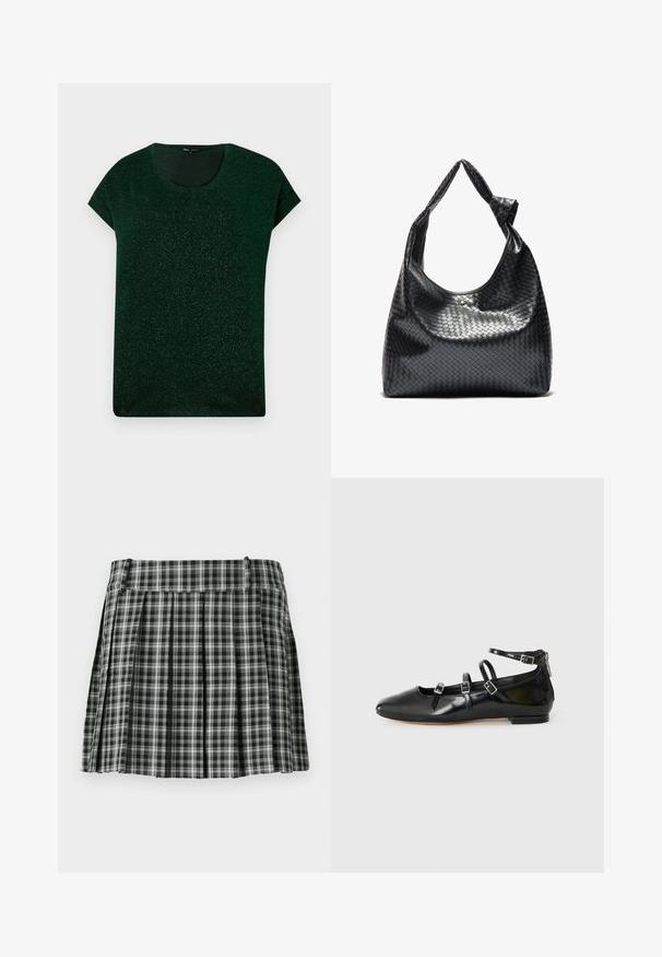 Parte superior corta de manga corta en verde oscuro con brillo, con escote redondo y ajuste relajado sobre un fondo liso.; Falda plisada de cuadros en blanco y negro con una cintura suave y múltiples pliegues verticales. Fabricada en un tejido ligero.; ALDO NELTA - Bailarinas - black; Bolso de cuero trenzado negro con un diseño relajado, que presenta una correa anudada y un pequeño tachuela dorada decorativa en la parte superior.