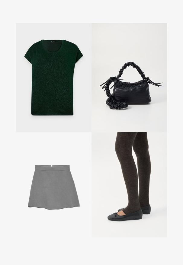 Donkergroen kortemouwen shimmer top met ronde halslijn en comfortabele pasvorm op een effen achtergrond.; Grijze rok van zachte stof, met een hoge taille, uitlopende vorm en een verborgen rits aan de achterkant.; Benen met donkere geribbelde leggings gecombineerd met zwarte ballerina's met kleine strikdetails op een witte achtergrond.; Zwarte nepleer handtas met een krokodillenstructuur, opgedroogde bovenkant en een gekreukte hengsel. Het lijkt zacht en compact van ontwerp.
