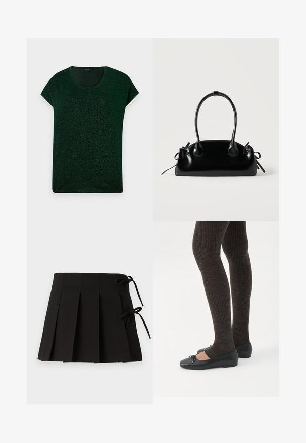Parte superior corta de manga corta en verde oscuro con brillo, con escote redondo y ajuste relajado sobre un fondo liso.; Falda plisada negra con lazos laterales, hecha de una tela de textura suave; presenta un diseño estructurado y líneas limpias.; Piernas con leggings oscuros acanalados combinados con bailarinas negras que presentan pequeños detalles de lazo sobre un fondo blanco.; Pequeño bolso negro brillante con dos asas largas y detalles de cordón lateral sobre un fondo claro liso.