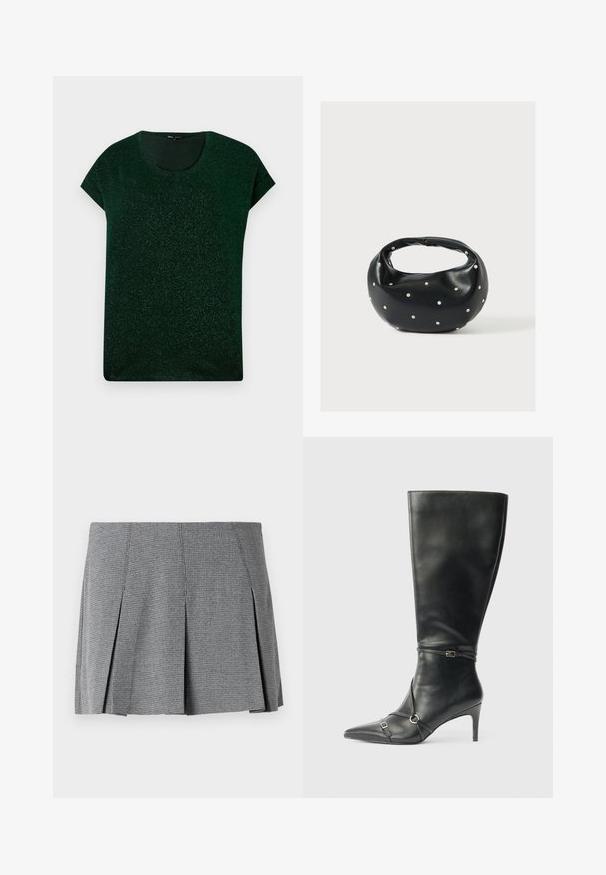 Parte superior corta de manga corta en verde oscuro con brillo, con escote redondo y ajuste relajado sobre un fondo liso.; Falda mini plisada gris fabricada en tejido texturizado, con un patrón de cuadros y un corte recto que presenta detalles de abertura lateral.; Botas negras de cuero hasta la rodilla con tacón delgado, punta afilada y detalles de diseño con correas en el tobillo. Textura suave y diseño ajustado.; Bolso de mano de cuero negro con forma redondeada, decorado con detalles de tachuelas plateadas y un asa corta. Textura lisa y cierre con cremallera.