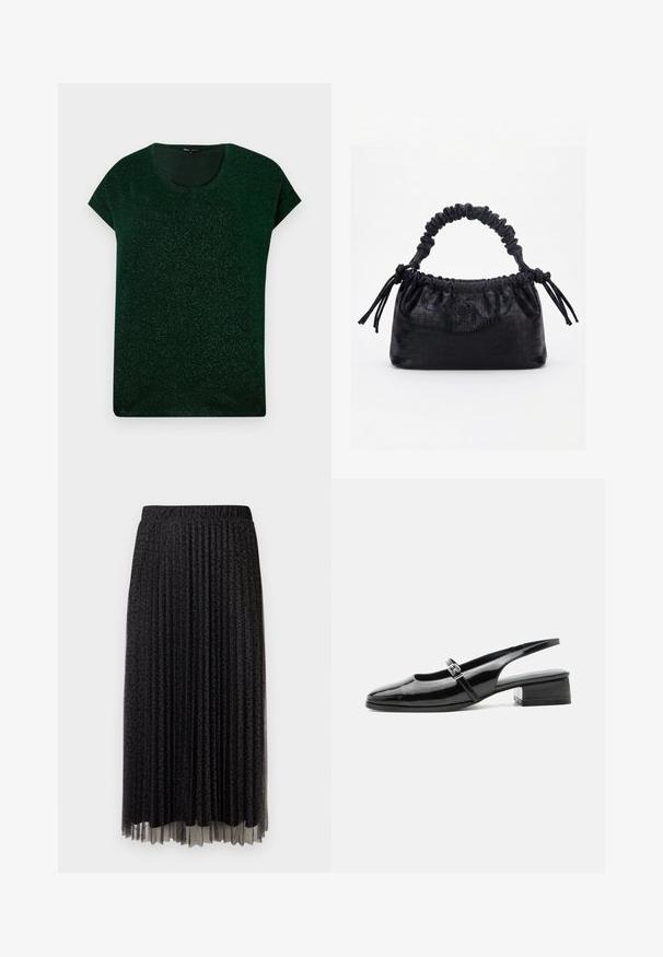 Parte superior corta de manga corta en verde oscuro con brillo, con escote redondo y ajuste relajado sobre un fondo liso.; Falda midi negra plisada con un sutil estampado de leopardo, cinturilla elástica y textura transparente en el dobladillo.; Zapato slingback de charol negro con tacón bajo y grueso y una fina correa con hebilla de plata en la parte superior.; Bolso negro con textura de cocodrilo, borde superior fruncido, asa recogida y cordones con borlas en cada lado sobre un fondo blanco.