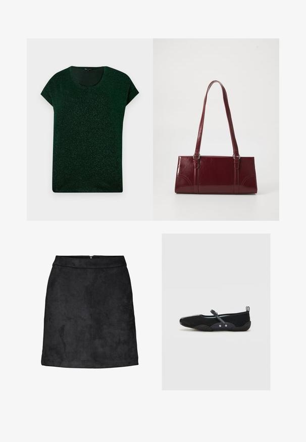 Donkergroen kortemouwen shimmer top met ronde halslijn en comfortabele pasvorm op een effen achtergrond.; Zwarte suède minirok met een gladde textuur, rechte snit en een verborgen ritssluiting aan de achterkant. Minimalistisch ontwerp zonder zichtbare patronen of accenten.; Zwarte mesh ballerina's met een ronde neus, rubberen zool en verstelbare band. Kenmerkt een gladde marineblauwe accent en twee decoratieve knopen.; Bourgondische handtas van glanzend materiaal, rechthoekige vorm, met twee schouderbanden en subtiele gebogen accenten aan de voorkant.