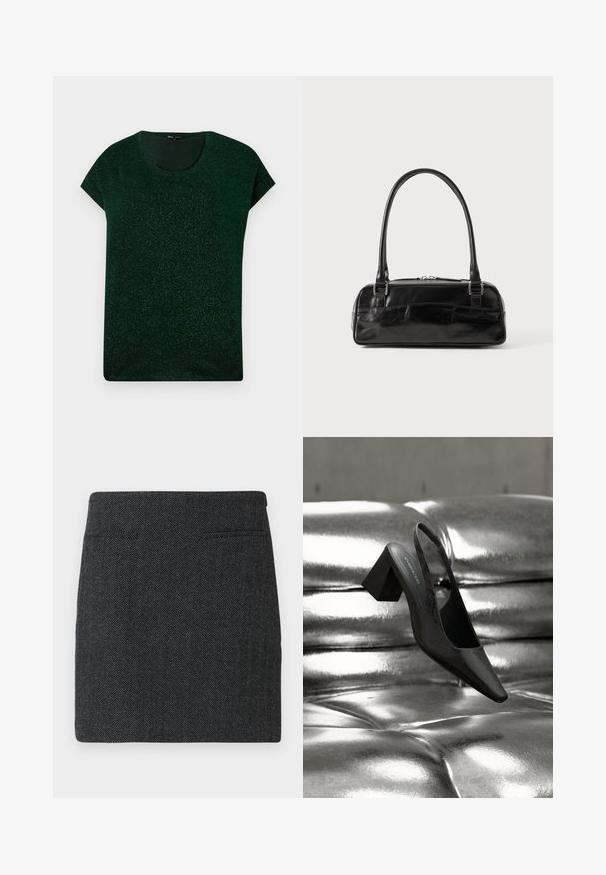 Parte superior corta de manga corta en verde oscuro con brillo, con escote redondo y ajuste relajado sobre un fondo liso.; Minifalda con patrón de pata de gallo, hecha de tela de color gris oscuro, con dos bolsillos laterales y una forma simple y recta, sin adornos.; Tacón destalonado negro con punta en forma de pico, con superficie texturizada y tacón ancho y grueso. Colocado sobre un fondo metálico brillante.; Bolso de mano de cuero negro con forma rectangular, equipado con un asa estructurada, herrajes en plata y cierre de cremallera. Textura suave.