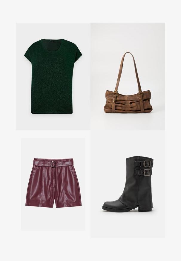 Donkergroen kortemouwen shimmer top met ronde halslijn en comfortabele pasvorm op een effen achtergrond.; Bordeaux neplederen shorts met een brede tailleband, een riem met een zilveren gesp en voorplooien voor een ontspannen silhouet.; Even&Odd Cowboy-/Bikerlaarzen - black; Even&Odd Handtas - brown