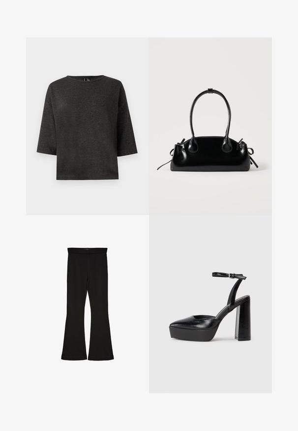 Top corto de color gris oscuro, confeccionado en una tela suave. Presenta un escote redondo y una forma sencilla y rectangulosa, sin adornos ni patrones.; Leggings negros de campana hechos de una tela elástica. Con una cinturilla ancha y una textura suave, presentan una silueta ajustada que se ensancha en el dobladillo.; Zapatos de tacón negro con punta afilada y correa ajustable en el tobillo. Confeccionados en cuero suave, presentan un tacón grueso.; Pequeño bolso negro brillante con dos asas largas y detalles de cordón lateral sobre un fondo claro liso.