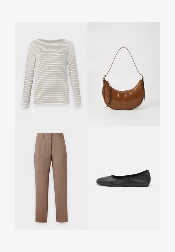 TOM TAILOR STRIPED BOAT NECK - Langærmet T-shirt - taupe/offwhite; Lysbrune skræddersyede bukser med en glat tekstur, flad front, sidelommer og lige ben. Stoffet har et subtilt mønster.; Sort læderballetsko med rund tå, glat tekstur, minimal syning og et fleksibelt såldesign.; Brun faux lædertaske med buet design, lynlåslukning og en enkelt brun strop. Glat tekstur med en blank finish og minimal hardware.
