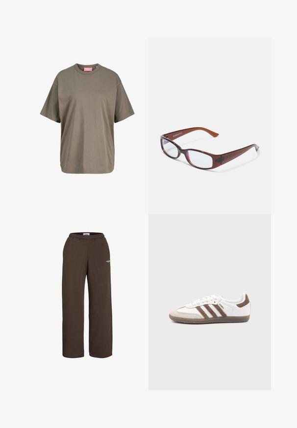 Effen olijfgroene T-shirt met korte mouwen en ronde hals, met een comfortabele pasvorm en een zichtbare roze merklabele binnenin de kraag.; Bruine sweatpants met wijde pijpen, elastische tailleband en een klein wit tekstlogo op het bovenbeen, tegen een witte achtergrond.; Witte Adidas Samba sneaker met bruine suède strepen, bruine rubberen zool en beige suède neuskap, getoond vanaf de buitenkant op een effen achtergrond.; Bruin getinte rechthoekige brillen met een glanzende afwerking, met slanke pootjes en doorzichtige glazen. Logo zichtbaar op de linkertempel.