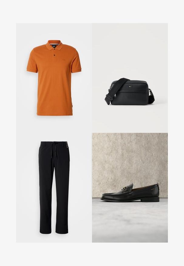 Rust orange kortærmet polo skjorte med to knapper, krave og subtilt broderet "BOSS" logo på venstre bryst.; Sorte, letvægtsbukser med lige ben. Har elastiksnøre i taljen og en glat tekstur. Velegnede til afslappet brug.; Sort læderloafers med guldfarvet metaldekoration og "HUGO" branding, vist mod en beige tæppe og brunt gennemsigtigt møbel.; Sort tekstureret læder crossbody taske med front lynlåslomme og justerbar bred stofskulderrem på hvid baggrund.