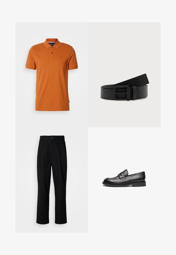 Polo à manches courtes couleur rouille avec deux boutons, col et logo brodé "BOSS" discret sur la poitrine gauche.; Pantalons noirs à jambes droites avec une taille à bouton, passants de ceinture et pli avant, présentés sur un fond blanc uni.; Des mocassins en cuir noir présentent un bout arrondi, une couture sur le dessus et une semelle en caoutchouc plate et basse. Texture lisse sans motifs visibles.; Ceinture en cuir noir enroulée avec une boucle en métal noir mat sur fond blanc.