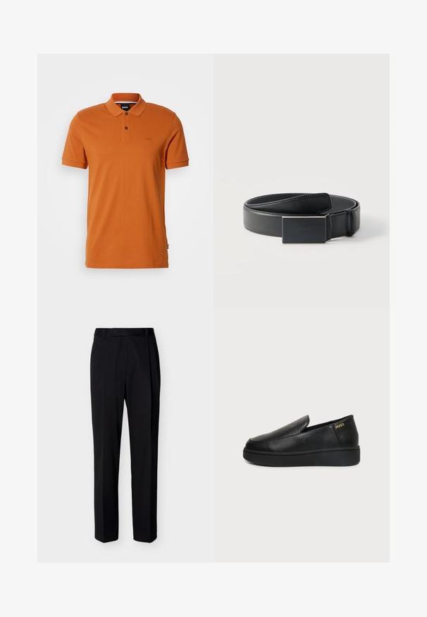 Rust orange kortærmet polo skjorte med to knapper, krave og subtilt broderet "BOSS" logo på venstre bryst.; Sorte skræddersyede bukser med lige ben, bæltestropper og pressede folder foran, vist mod en ensartet lys baggrund.; Sort læder slip-on sko med tyk sål og små sideventilationshuller, med gulddetalje "HUGO" logo nær hælen.; Sort læderbælte, snoet med en rektangulær mat sort spænde og diskret præget logo på hvid baggrund.