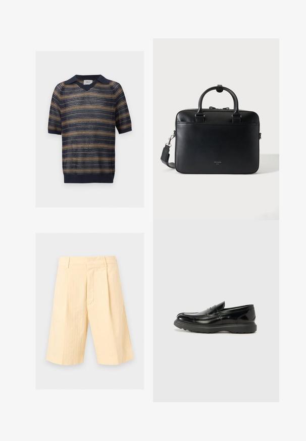 Polo en maille à manches courtes avec des rayures horizontales bleu marine et beige, bord côte à l'ourlet et aux poignets, avec un motif ajouré ressemblant à une maille filet.; Short beige taille haute longueur genou avec rayures verticales, passants pour ceinture et fermeture avant cachée.; Mocassin en cuir noir avec une finition brillante, bout arrondi, détails de couture subtils et semelle en caoutchouc épaisse pour la durabilité.; Porte-documents en cuir noir avec doubles poignées et bandoulière détachable, design minimaliste sur fond uni.