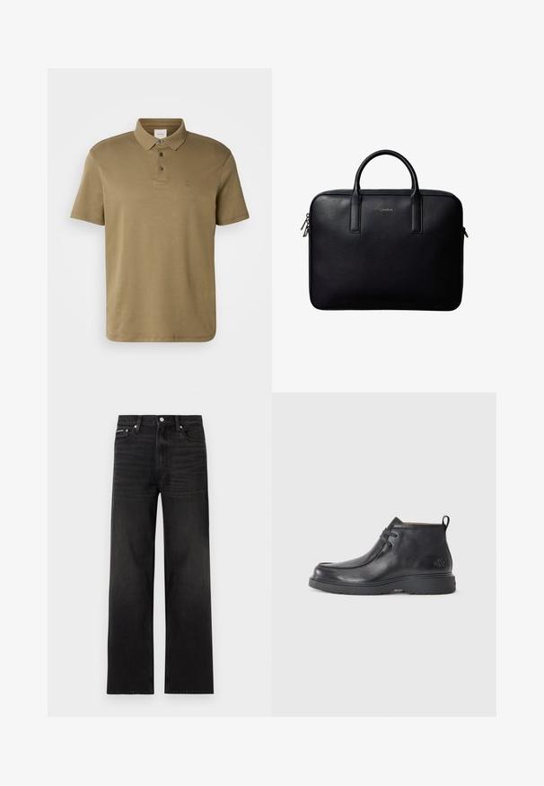 Polo shirt vert olive en tissu doux, avec un col classique, trois boutons et un petit logo brodé sur la poitrine.; Jean noir droit avec cinq poches, passants pour ceinture et fermeture par bouton, présenté sur un fond blanc.; Bottes noires en cuir à talon arrondi, avec un design à lacets et une languette à l'arrière. Tige texturée et semelle en caoutchouc.; Porte-documents en cuir noir avec double poignée, forme rectangulaire, et tirettes de fermeture éclair argentées, avec un petit logo embossé au centre.