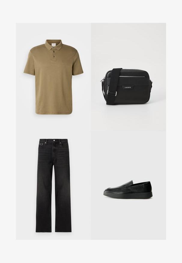 Olivgrünes Poloshirt aus weichem Material, mit klassischem Kragen, drei Knöpfen und einem kleinen, auf der Brust gestickten Logo.; Schwarze Jeans mit geraden Beinen, fünf Taschen, Gürtelschlaufen und Knopfverschluss, auf weißem Hintergrund dargestellt.; Calvin Klein HYBRID CUP - Slipper - triple black; Schwarze Umhängetasche aus strukturiertem synthetischem Material, mit silbernem Beschlag, verstellbarem Gurt, ausgestattet mit einem Logo-Schild auf der Vorderseite und einem Reißverschluss.