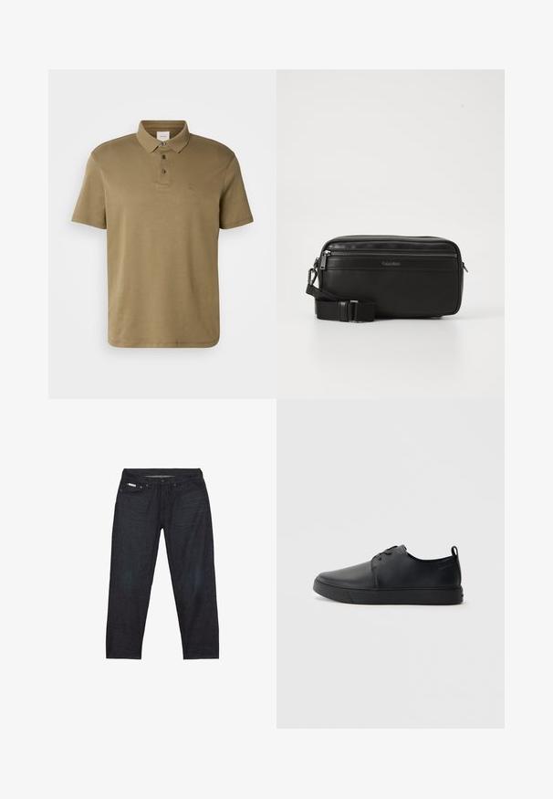 Olijfgroen poloshirt gemaakt van zachte stof, met een klassieke kraag, drie knopen en een klein geborduurd logo op de borst.; Donkerblauwe spijkerbroek met rechte pijpen, voorzien van vijf zakken en minimale stikseldetails voor een strakke uitstraling.; Zwarte leren sneaker met een gladde afwerking, ronde neus, tonale stiknaden, vetersluiting aan de voorkant en een vlakke rubberen zool. Lussje aan de hak.; Zwarte leren schoudertas met een ritsvak, gestructureerd oppervlak, verstelbare schouderband en Calvin Klein-logo op de voorkant.