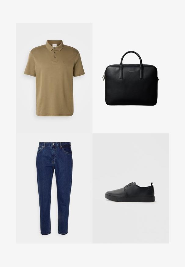 Olivgrünes Poloshirt aus weichem Material, mit klassischem Kragen, drei Knöpfen und einem kleinen, auf der Brust gestickten Logo.; Dunkelblaue Jeans mit geradem Bein, vorderer Knopf- und Reißverschluss, Gürtelschlaufen sowie Vorder- und Gesäßtaschen.; Schwarze Leder-Sneaker mit glatter Oberfläche, abgerundeter Zehenpartie, gleichfarbiger Nähte, schnürbarem Vorderteil und flacher Gummisohle. Schlaufe an der Ferse.; Schwarze strukturierte Lederaktentasche mit zwei Griffen und silbernen Reißverschlussanhängern, zentriert auf weißem Hintergrund.