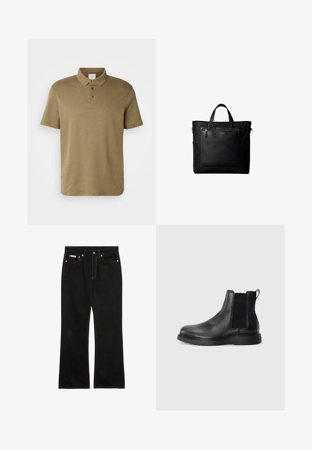 Olivgrünes Poloshirt aus weichem Material, mit klassischem Kragen, drei Knöpfen und einem kleinen, auf der Brust gestickten Logo.; Schwarze Jeans mit geradem Bein, oranger Naht, fünf Taschen, Knopfverschluss und kleinem Calvin Klein-Label auf der vorderen rechten Tasche.; Schwarze Leder-Chelsea-Boots mit strukturiertem Finish, elastischen seitlichen Einsätzen und einer robusten Gummisohle. Dezentes Branding an der Ferse.; Schwarze Tragetasche mit Doppelgriffen, großer vorderer Ledertasche mit Reißverschluss und dezentem Calvin Klein-Logo in der Mitte der Tasche.