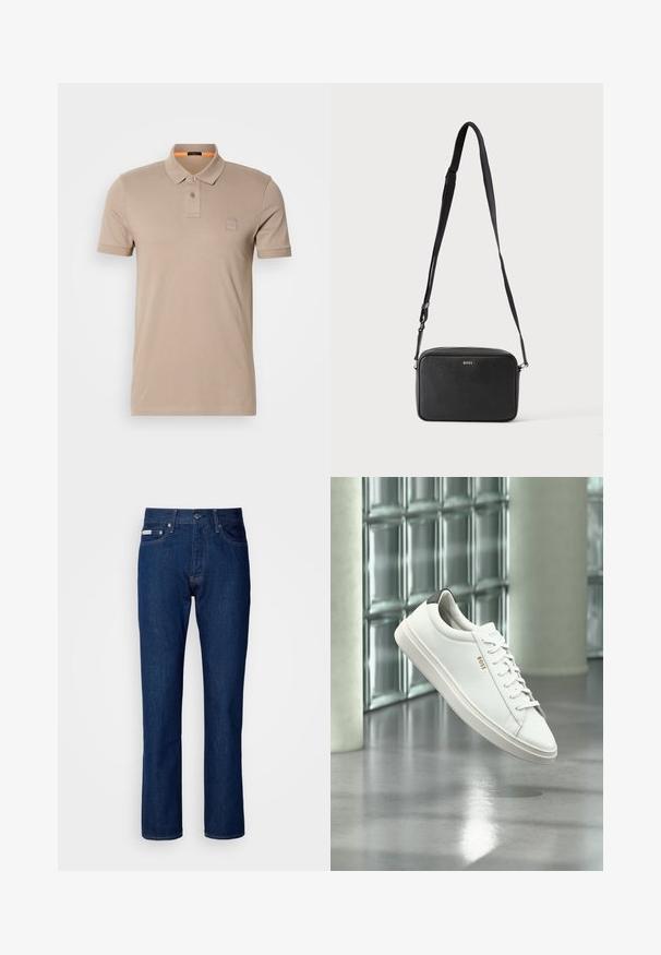 Beiges Polo-Shirt aus Baumwolle mit einer Knopfleiste mit zwei Knöpfen, kurzen Ärmeln und einem dezenten Logoschild auf der Brust. Innenkragen in Orange akzentuiert.; Dunkelblaue Jeans aus Denim mit geradem Bein Design, mit einem Reißverschluss und Knopfverschluss, fünf Taschen und dezenten Nähten.; Weißer Leder-Low-Top-Sneaker mit Schnürsenkeln, schwarzer Fersenschlaufe und „BOSS“-Logo, der drinnen nahe einer Glassteinwand und einem polierten Boden schwebt.; Schwarze rechteckige Umhängetasche mit verstellbarem Riemen und BOSS-Logo auf der Vorderseite, vor einem einfarbigen hellen Hintergrund.