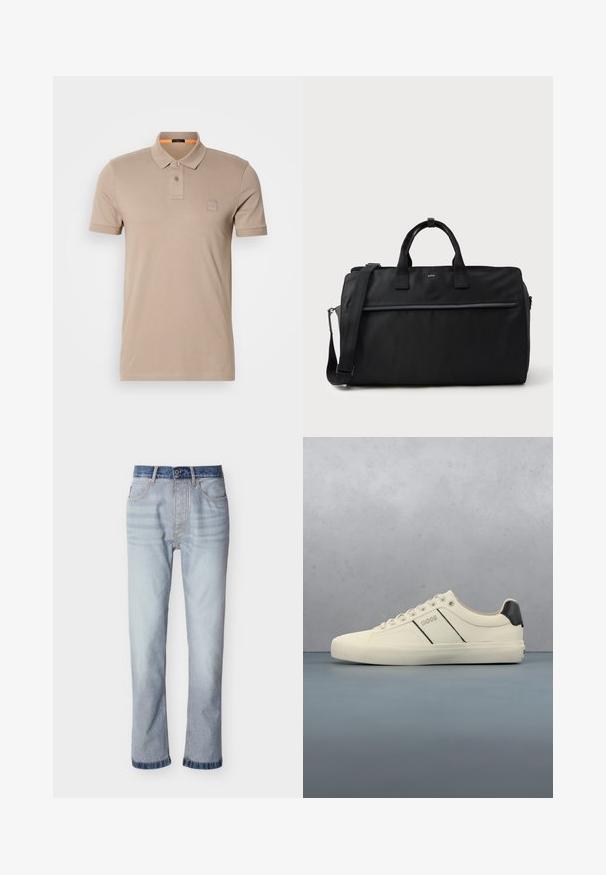 Beiges Polo-Shirt aus Baumwolle mit einer Knopfleiste mit zwei Knöpfen, kurzen Ärmeln und einem dezenten Logoschild auf der Brust. Innenkragen in Orange akzentuiert.; Hellblaue Jeans aus Denim mit einem dunkelblauen Bund, geradem Beinverlauf, fünf Taschen und sichtbaren Nahtdetails.; Cremfarbene Sneaker mit glatter Oberfläche, die schwarze Akzente und Markenlogo aufweisen. Klassisches Schnürdesign mit runder Zehenform und Gummisohle.; Schwarze rechteckige Reisetasche mit zwei Griffen, verstellbarem Schultergurt, vorderer Zippertasche und kleinem "BOSS"-Logo auf der Vorderseite.