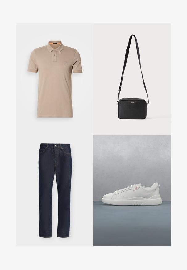 Beiges Polo-Shirt aus Baumwolle mit einer Knopfleiste mit zwei Knöpfen, kurzen Ärmeln und einem dezenten Logoschild auf der Brust. Innenkragen in Orange akzentuiert.; Dunkelblaue Jeans mit geradem Bein, vorne mit Knopf- und Reißverschluss, Gürtelschlaufen sowie Vorder- und Gesäßtaschen.; Weiße Sneaker aus glattem Leder, runde Spitze, vier Ösen, dezente Perforationen und ein rotes Logodetail an der Seite.; Schwarze rechteckige Umhängetasche mit verstellbarem Riemen und BOSS-Logo auf der Vorderseite, vor einem einfarbigen hellen Hintergrund.