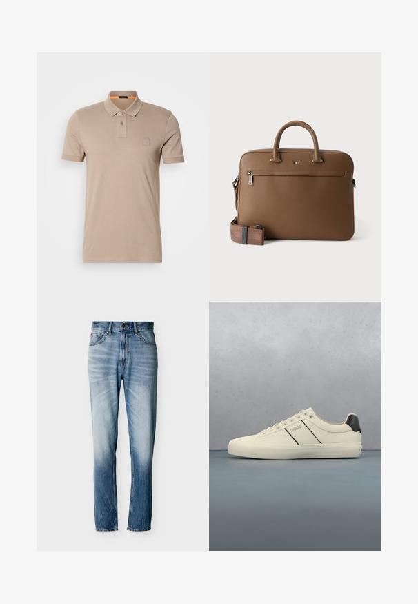 Beige puuvillane polo-särk, millel on kahe nupuga kaelus, lühikesed varrukad ja diskreetne logopatch rinnal. Krae sisekülg on oranž.; Sinised tuhmunud sirge säärega teksad, millel on viis taskut, nupu sulgumine ja vööaasad, laotatud valgele taustale.; Kreemikaalased sneekerid sileda pinnaga, millel on mustad aktsendid ja bränding. Klassikaline paeltega mudel ümmarguse ninaga ja kummist tallaga.; Pruun nahast portfell pealsete käepidemetega, esikülje tõmblukk-tasku ja eemaldatava sobiva õlarihmaga valgel taustal.